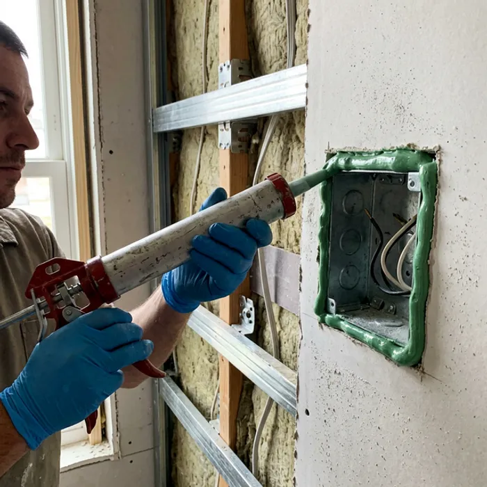 Contractor installing resilient channels and acoustic drywall