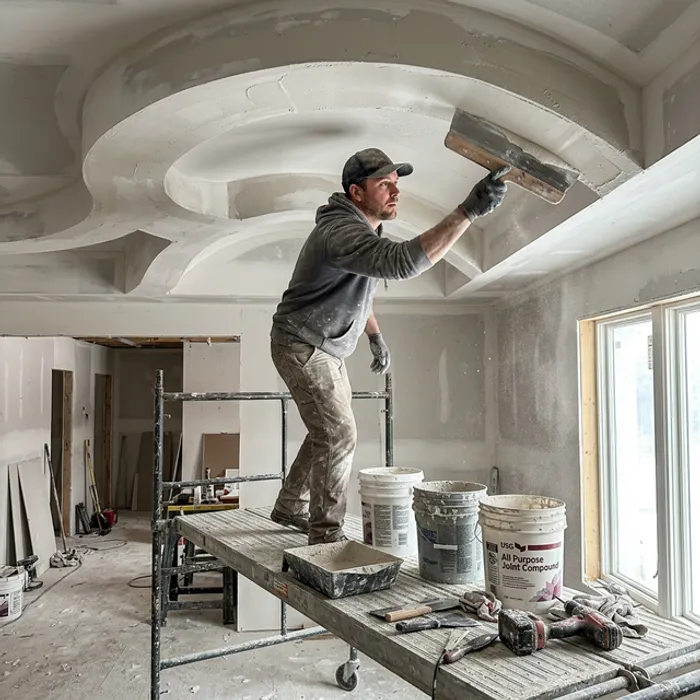Drywall artisan applying a smooth skim coat to a complex curved archway