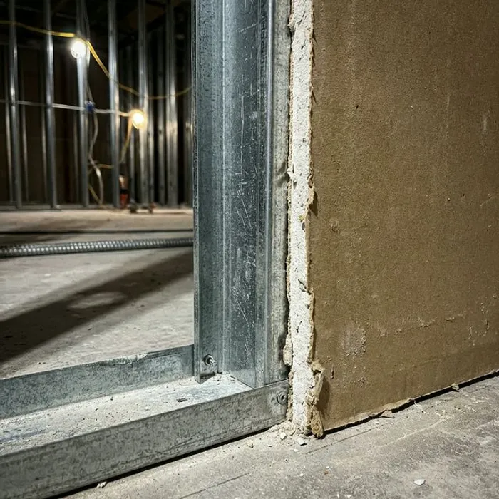 Close-up of commercial metal stud framing and Type X drywall