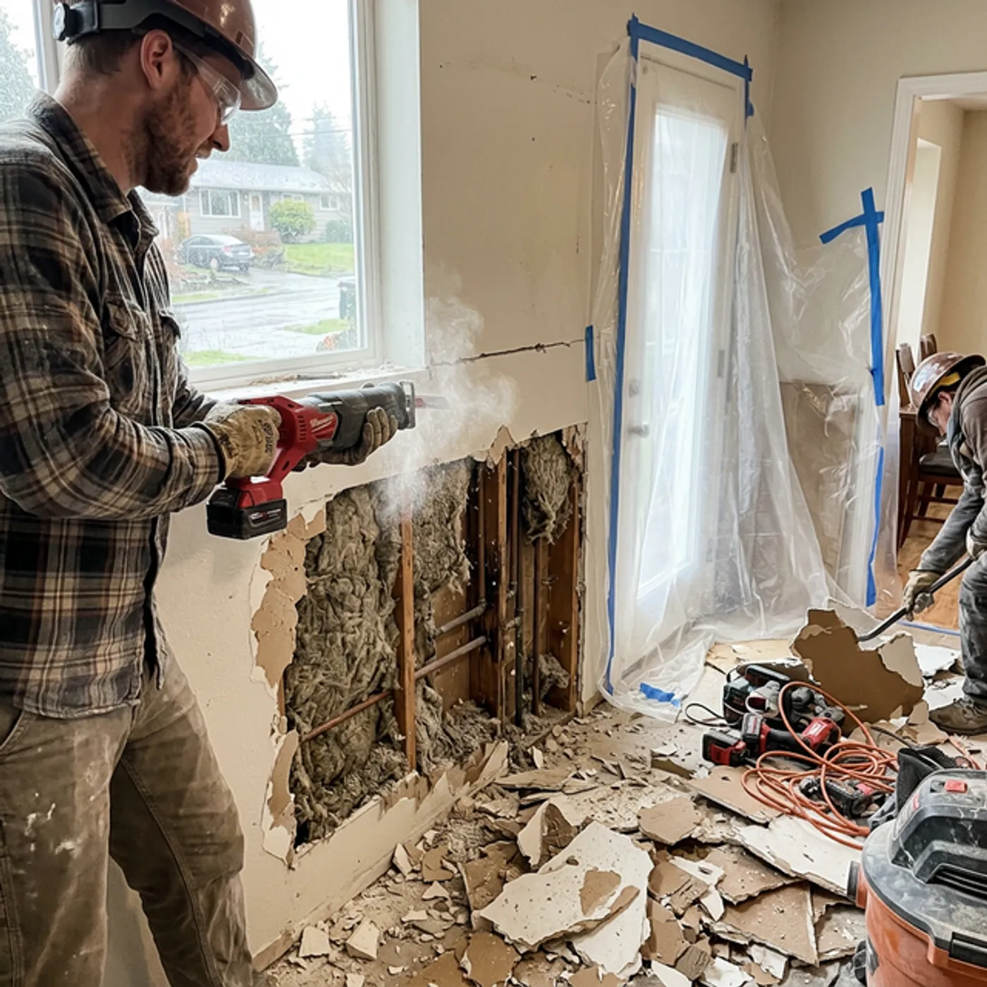 Interior demolition removing drywall down to the wood studs