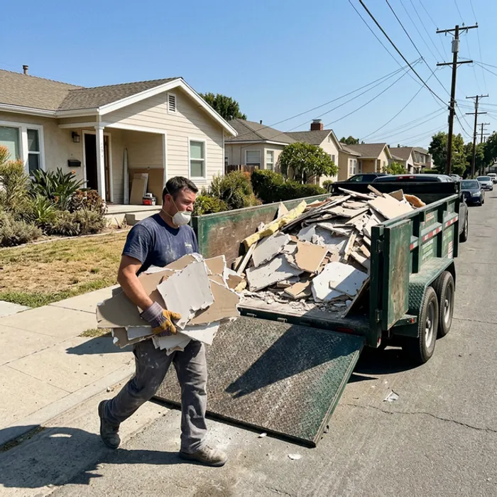 Workers in respirators hauling heavy drywall debris into a dumpster