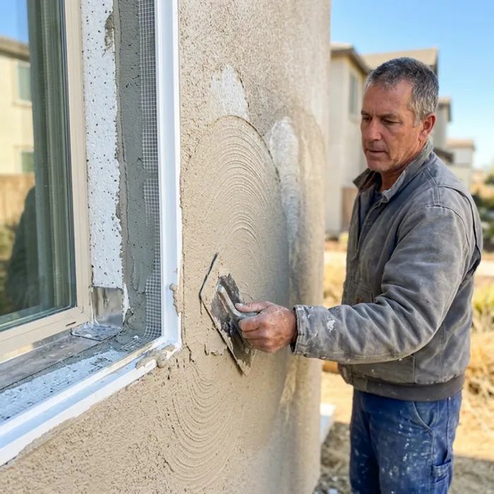 Applying fiberglass mesh and base coat over EIFS foam insulation