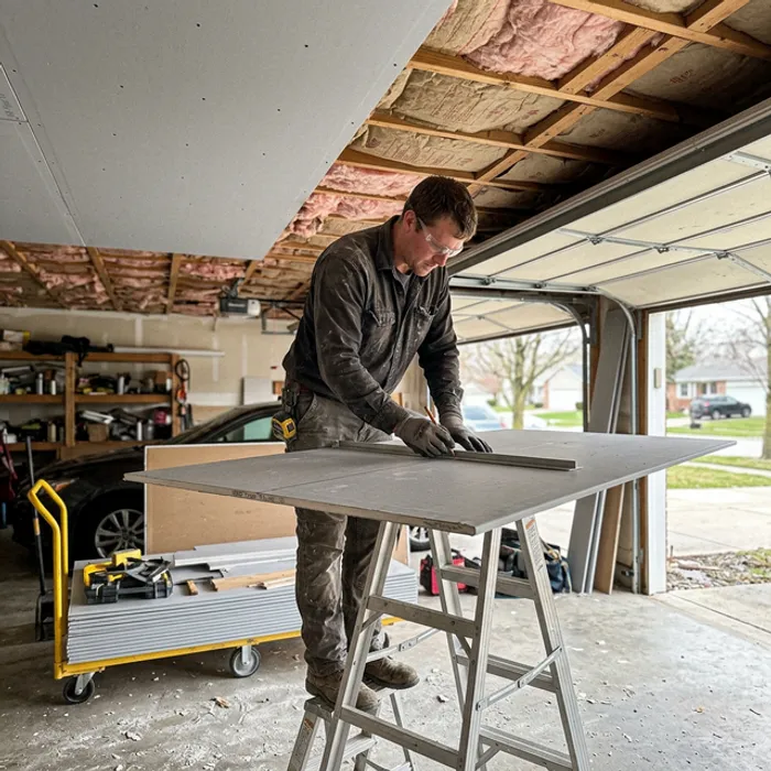 Drywall tapers finishing joints in a large residential garage